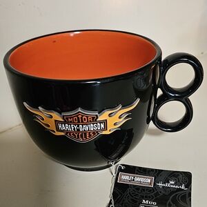 Harley Davidson Motorcycle Coffee Mug Bar Shield Logo Black & Orange Wide Mouth